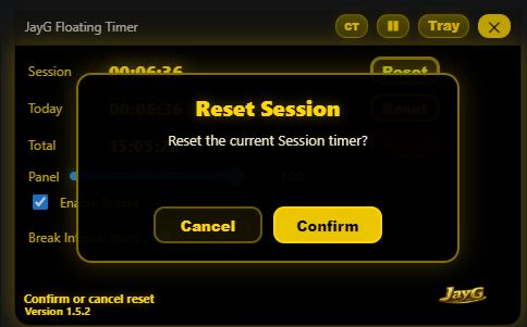 JayG Floating Timer session or today reset confirmation