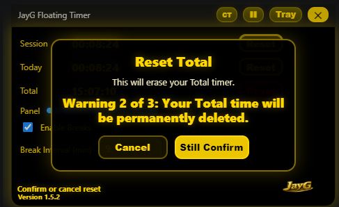 JayG Floating Timer total reset warning dialog