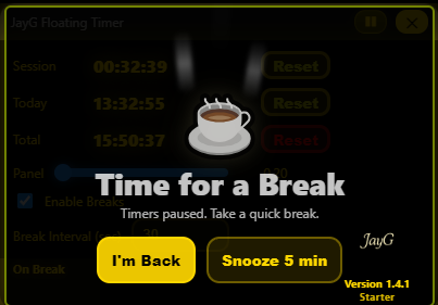 JayG Floating Timer break popup